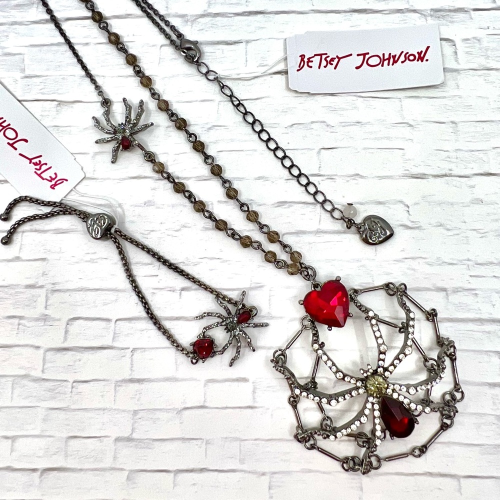 Betsey Johnson ‘Glampire’ Red/Black Spider/Web Long Necklace & Bracelet NWT